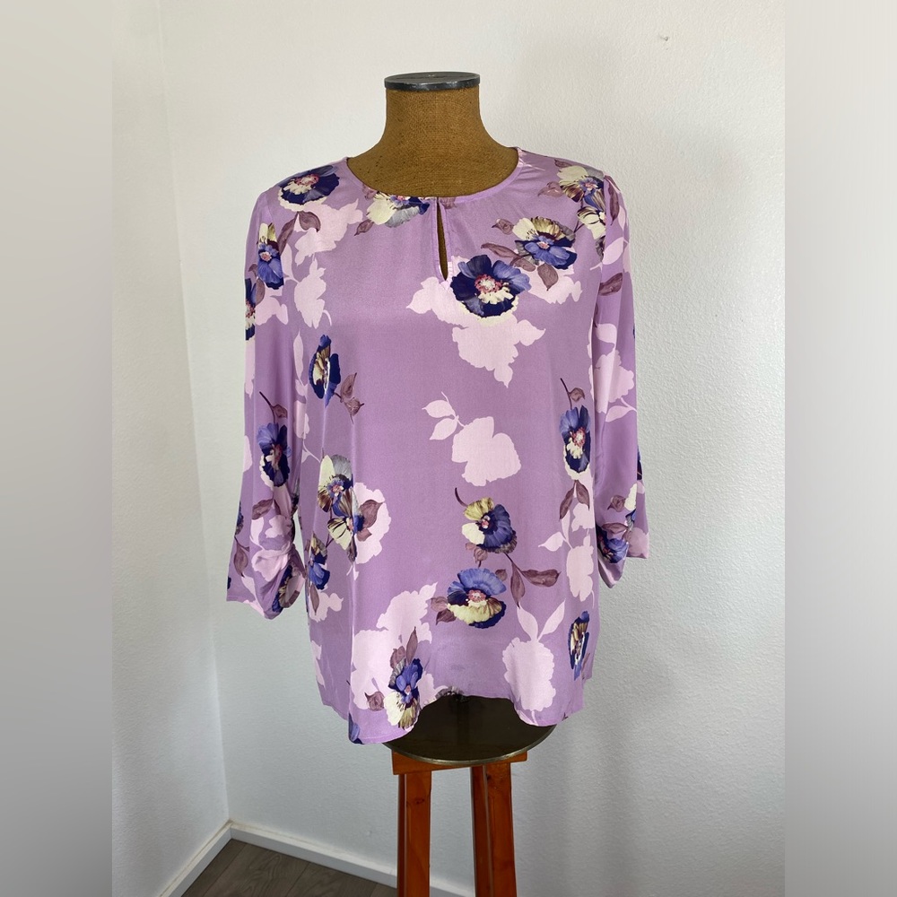 David Lawrence Silk Blouse 14 Floral Ruched Sleeve Lavender Keyhole Semi Sheer